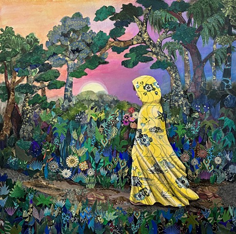 collage, painting, figurative painting, sunset painting, garden painting, nature painting, colorful art, representational art, cut paper, contemporary art, fine art