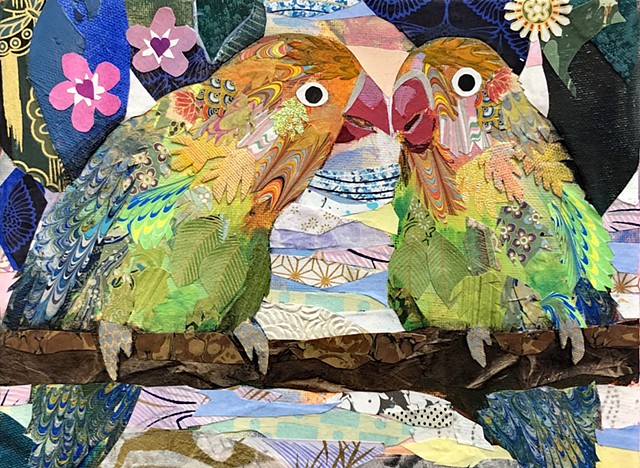 collage, painting, bird art, snake painting, fun painting, Flower painting, lovebirds, floral painting, garden painting, nature painting, colorful art, representational art, cut paper, contemporary art, fine art