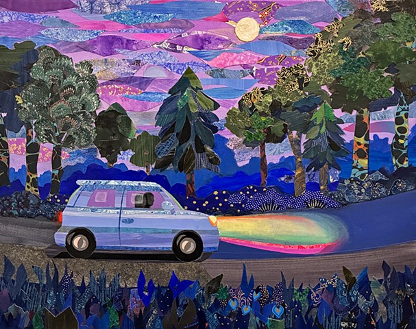 collage, painting, night scene, night painting, car painting, figurative painting, night painting, garden painting, nature painting, colorful art, representational art, cut paper, contemporary art, fine art