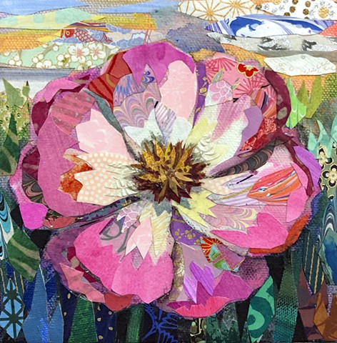 collage, painting, Flower painting, floral painting, garden painting, nature painting, colorful art, representational art, cut paper, contemporary art, fine art