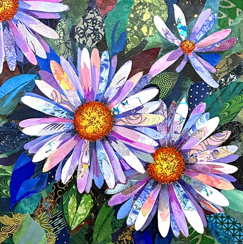 collage, painting, flower painting, representational art, cut paper, contemporary art, fine art