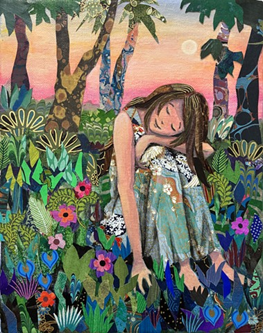 collage, painting, figurative painting, night painting, garden painting, nature painting, colorful art, representational art, cut paper, contemporary art, fine art