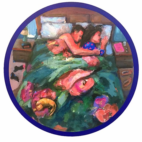 Couple, paintings, love, romance romantic painting, colorful painting, round painting, collage, acrylic painting, fine art, contemporary art, art exhibition, couple in bed