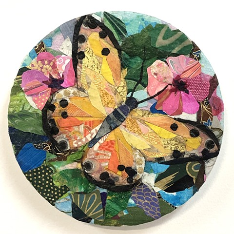 collage, painting, figurative painting, sunset painting, garden painting, nature painting, colorful art, representational art, cut paper, contemporary art, fine art, flower painting, floral art, butterfly art, yellow butterfly