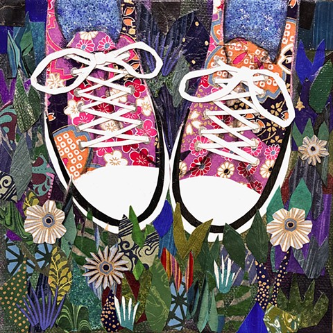 collage, painting, sneaker art, snake painting, fun painting, sneakers, Flower painting, floral painting, garden painting, nature painting, colorful art, representational art, cut paper, contemporary art, fine art