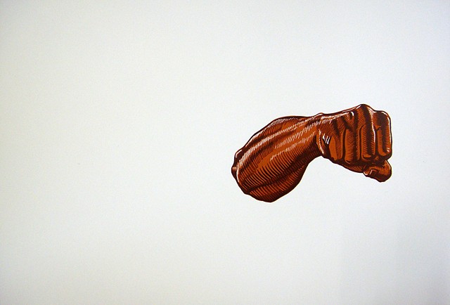 brown fore arm and fist floating on white background