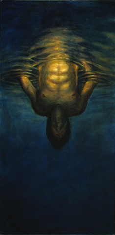 nude male figure hanging upside down in water