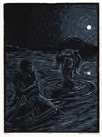Nocturnal scene of figures and skeleton wading a river