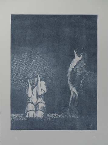 boy squatting before a fence with hands over ears while coytote howls beside him