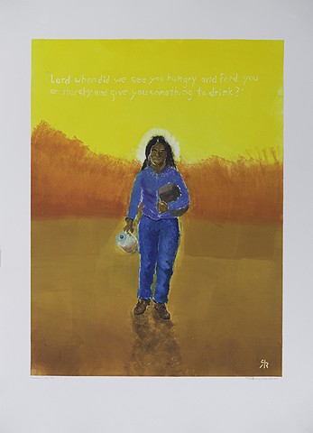 woman walking in desert, holding water jug