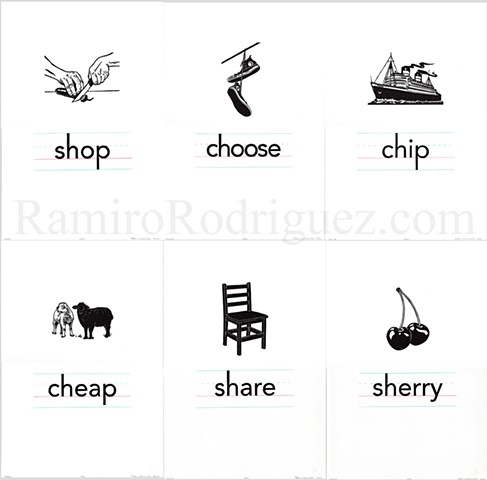 six prints, ship, chip, sheep, cheap, shoes, choose, shop, chop, cherry, sherry, chair, share