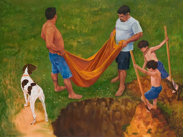 Two adult males hold a cloth between them near a hole while two young boys look on