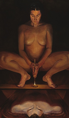 nude female figure balances on shelf, starting fire by rubbing a stick
