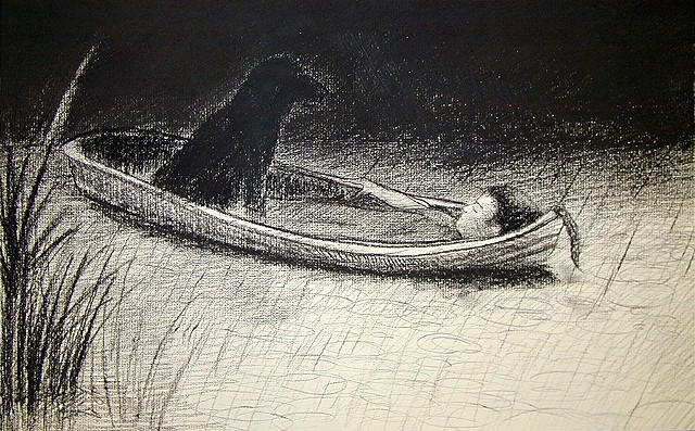 man and dog in a boat in the rain