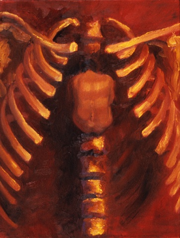 small nude figure curled in a ball within a ribcage seen from above