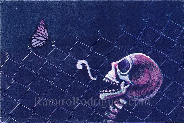Skulls, fence, glyph, monarch butterfly, detention
