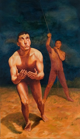 A young male figure extends arms toward viewer while silhouetted figure behind holds rope