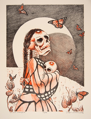 mariposa, luna, moon, skeleton, monarch butterfly, latino, lithograph, Ramiro Rodriguez