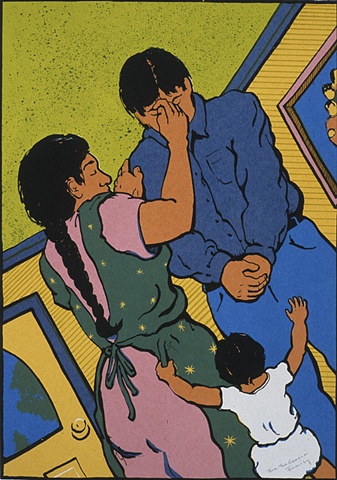 mother blessing a young man while a child grasps her skirts