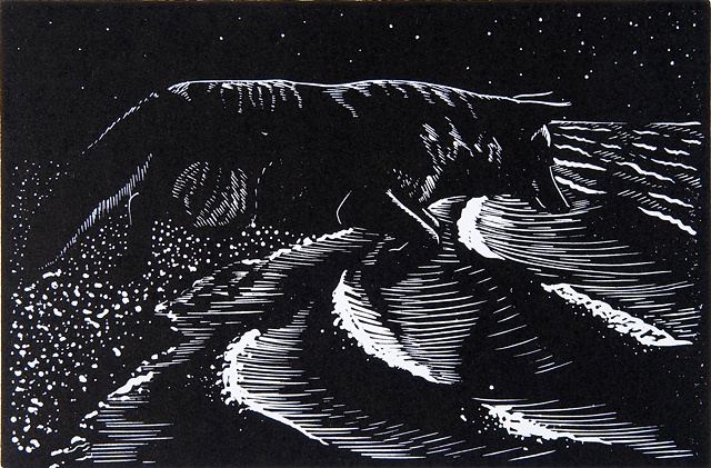 coyote, waves, linoleum, relief print, Ramiro Rodriguez