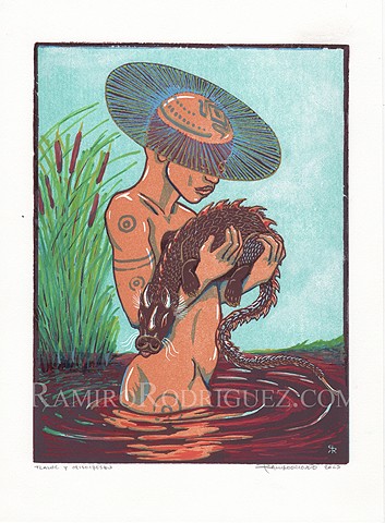 tattooed figure holding a water dragon wading in water with cattails