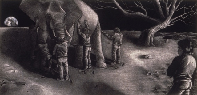 figure watches 5 figures handle an elephant on the moon