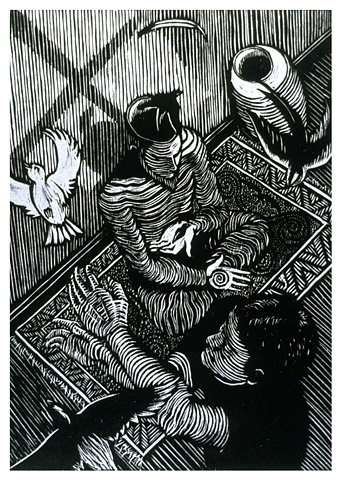 young man chasing birds while a man sits crosslegged on floor