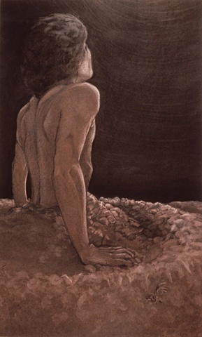 figure emerging from ground at night