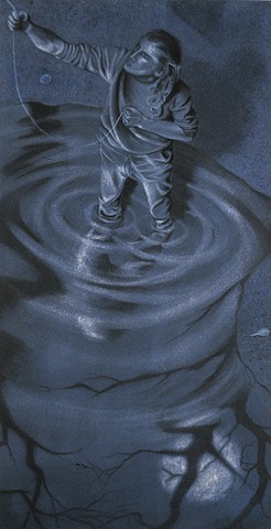 birds eye view of a man wading in water flying a kite at night
