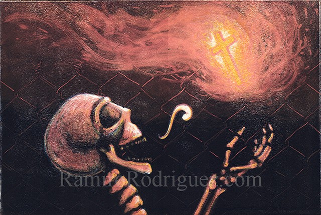 cross, flames, skeleton