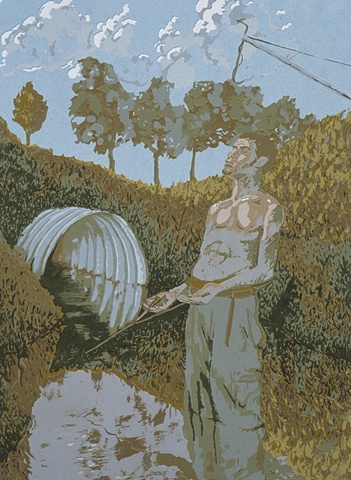 shirtless man standing in an irrigation ditch holding a dowser's rod