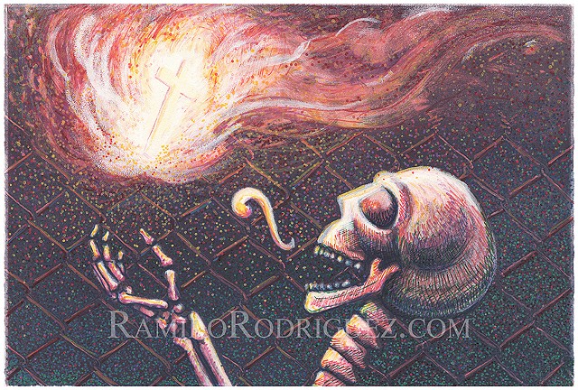 Skeleton with song glyph reaches for flaming cross