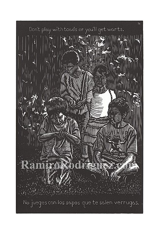 four kids stand in a light dappled yared