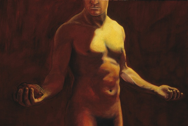 nude male torso holding a heart in his right hand
