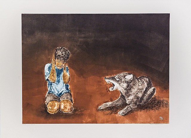 boy squatting with hands over ears while coyote next to him barks