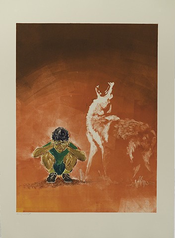 boy squatting holding hands over ears while coyote howls near him