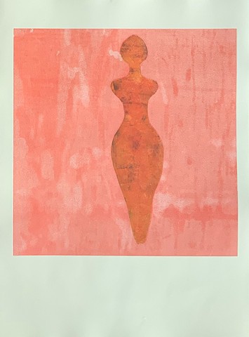Venus goddess monotype print, one textured orange figure with orange background
