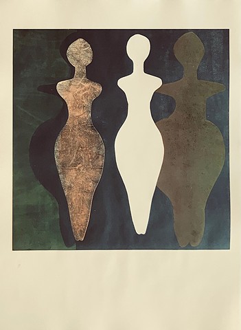 Venus goddess monotype print, 4 figures, texture, black, paper and black background