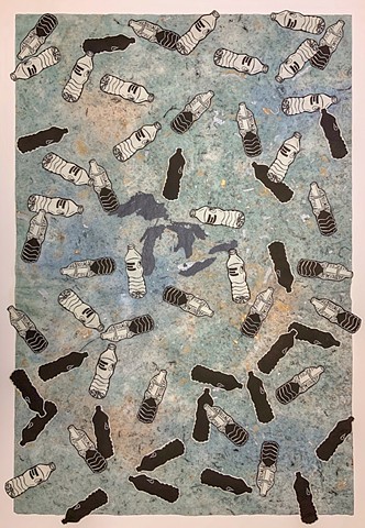 Relief prints of water bottles with images of oil and pipeline with silkscreen of Great Lakes