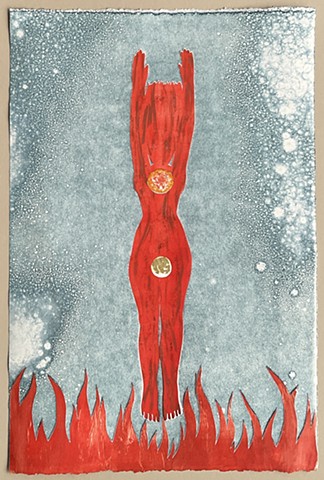 Nut the sky goddess as woman on fire over flames
