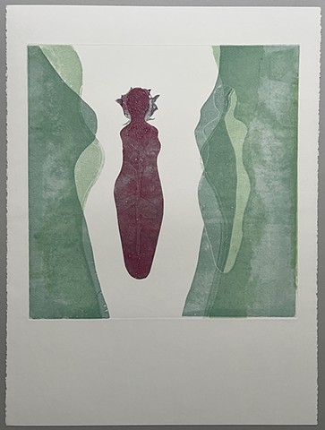monotype print with red female figure and green and blue gray feminine images in background