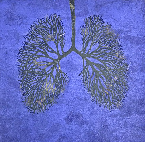 linoleum relief print, lungs, 