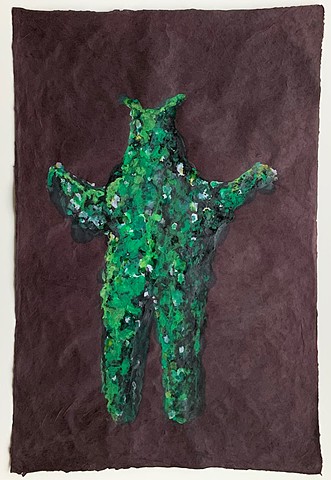 Moss woman painting on paper original artwork green brown Laurie Rousseau