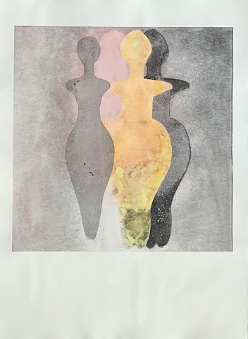 Venus goddess monotype print, 3 figures, yellow, black, gray and black background