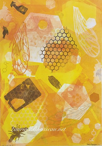 monotype print with bees, corn, hexagon and pesticide images