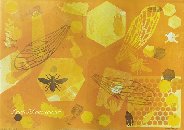 monotype print with bees, corn, hexagon and pesticide images