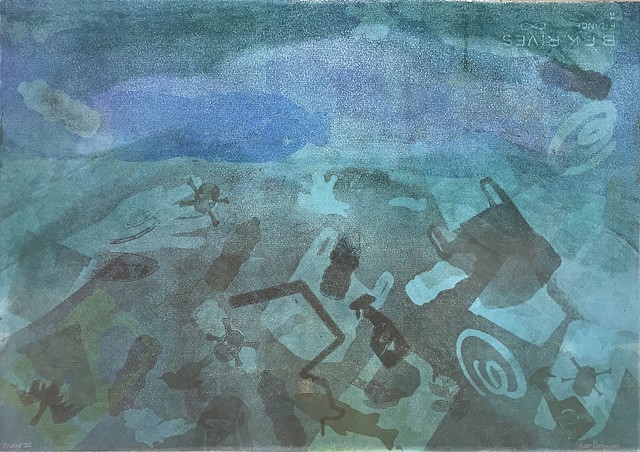 Monotype print with images of plastics, fish, oil and chemicals