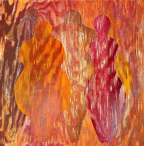 monotype woman red yellow orange brown print woodcut