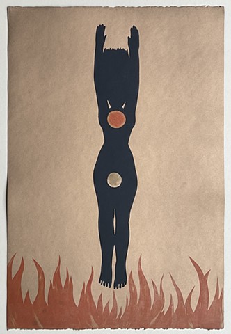 Goddess Nut black figure gold sky red flames monotype print sun moon woman