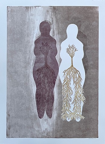 vertical monotype print with female figures brown and white on brown background with roots that represent age and experience